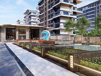 现代轻奢入口广场 现代轻奢小区大门 现代小区人行大门 现代轻奢景观水景 现代小区入口景观