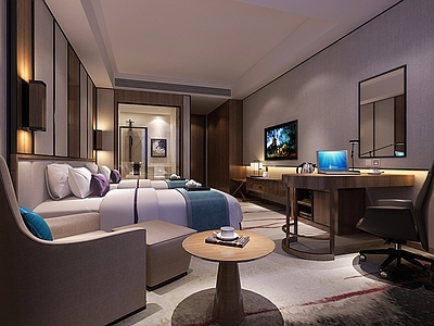 新中式酒店客房 现代酒店客房 酒店标间 带卫生间酒店客房