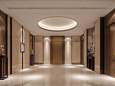 新中式酒店走廊 新中式酒店电梯间 酒店电梯厅