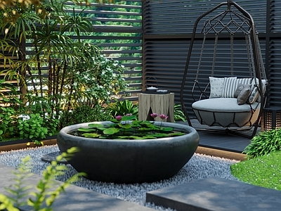 新中式景观庭院 现代别墅花园景观 植物 石子