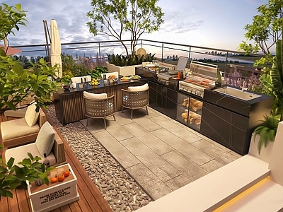 现代轻奢屋顶花园 休闲庭院 露台烧烤 户外厨房