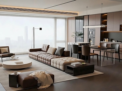 现代简约观景客厅 现代意式客餐厅 沙发 餐桌椅 橱柜 茶几