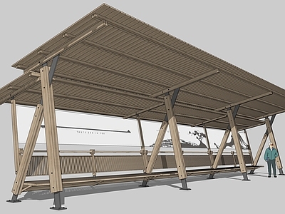 新中式公交站台 文创景观廊架 公交站户外装置 木结构休闲构筑 斜屋顶乡村小品