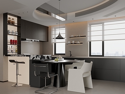 极简家居客厅 意式 餐桌椅 开放厨房 吊灯 吧椅