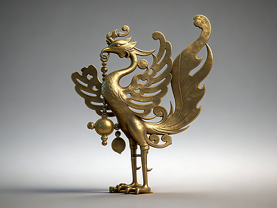 新中式雕塑摆件 铜雕凤凰 美陈 AI渲染 摆件 金凤凰