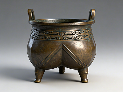 新中式雕塑摆件 饕餮纹 青铜器 三足鼎 摆件 AI渲染