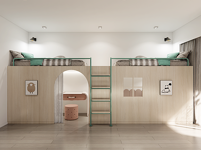 原木奶油风通用儿童房 儿童房 高低床