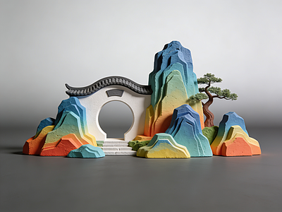 新中式雕塑摆件 美陈 假山 月亮门 道具 舞美