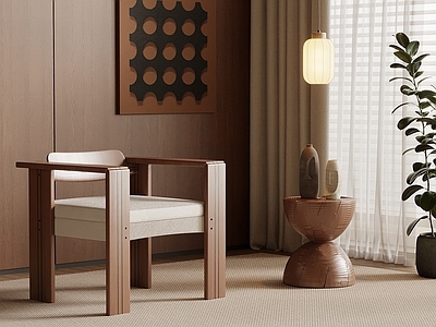 新中式休闲椅 中古风休闲椅  边几 挂画 小吊灯