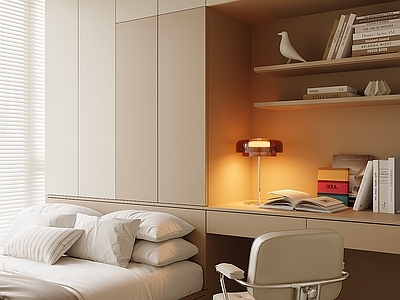 奶油风榻榻米卧室 榻榻米卧室 书桌一体柜