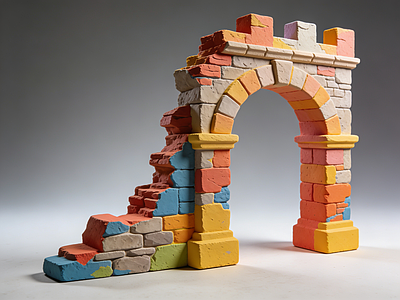 马卡龙色系复古城堡风雕塑摆件 残墙 废墟 拱门 摆件 AI渲染