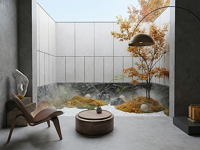 新中式观景客厅 天井景观 微景观 橱窗景观