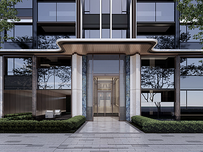 现代轻奢小高层住宅楼 现代入户门头 单元入口