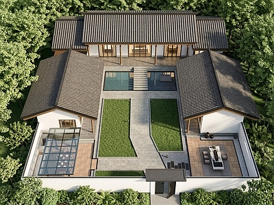 新中式独栋别墅 新农村自建房 新农村四合院 新中式民宿