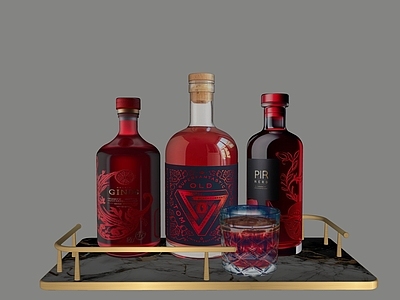 现代轻奢酒具 酒瓶 玻璃杯 托盘