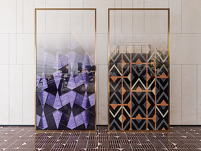 现代轻奢屏风 渐变玻璃 隔断屏风 几何图案渐变