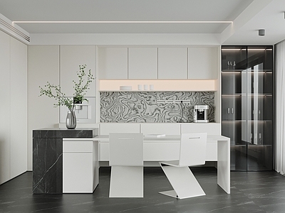 极简黑白灰客餐厅 餐厅 餐边柜 岛台餐桌