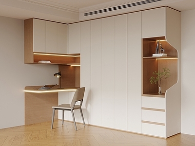 奶油风书桌 衣柜 书桌椅一体柜