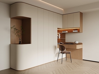 奶油风储物柜 书桌椅 书柜 一体柜