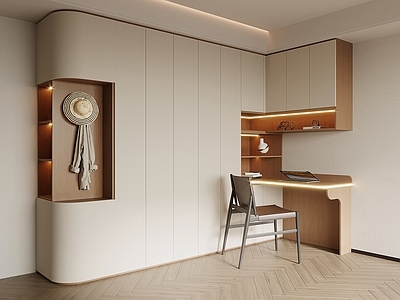 奶油风储物柜 书柜 书桌一体柜