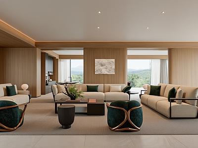 现代原木风家居客厅 意式大平层客餐厅