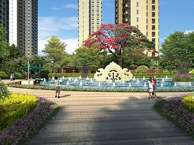 新中式住宅景观 住宅景观 喷泉广场