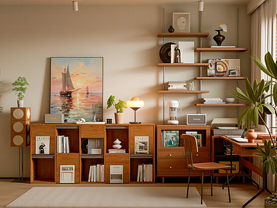中古风书房 现代中古书房 书桌椅组合
