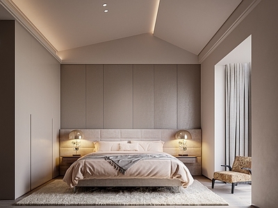 奶油风主卧 双人床 台灯 休闲椅 主卧室