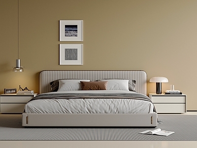 现代简约双人床 主卧双人床 挂画 吊灯 床头柜