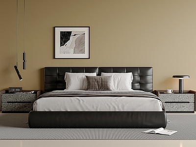 现代简约双人床 意式双人床 皮质双人床 吊灯 床头柜 挂画