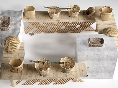 新中式厨房用品组合 现代农具展台 农耕文化展台  农具小品