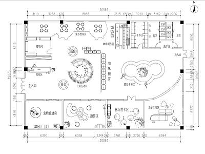 现代宠物店 猫咖平面布置图 施工图