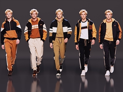 复古运动风多人 2D现代人物 时尚休闲装 休闲装模特 现代商业街拍 休闲装帅哥