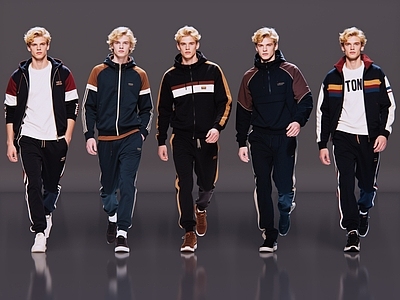 复古运动风多人 2D现代人物 时尚休闲装 休闲装模特 现代商业街拍  休闲装帅哥