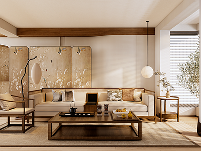 新中式家居客厅 现代中式沙发茶几 新中式沙发茶几 现代中式装饰画 新中式落地灯吊灯 多人沙发茶几组合