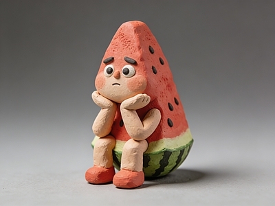 黏土卡通风格雕塑摆件 西瓜人 AI渲染 雕塑 美陈 摆件