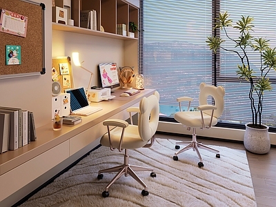 奶油风儿童书房 现代儿童书房 现代奶油书房 简约风书房 书房桌椅组合