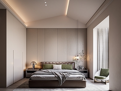 现代简约主卧 双人床大卧室 休闲椅 简约卧室 皮革双人床 床头柜台灯吊灯