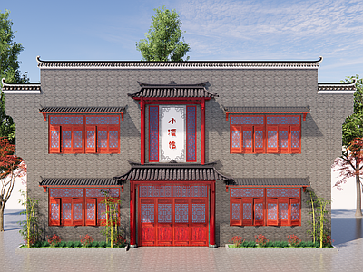 新中式餐饮建筑  仿古木屋檐 中式门头 原木翘角屋檐 仿古门头