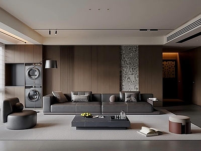 极简观景客厅 现代意式客餐厅 茶几 沙发 橱柜 餐桌