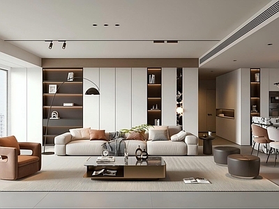 现代简约观景客厅 现代意式客餐厅 茶几 沙发 橱柜 餐桌椅