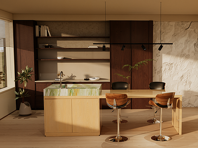 侘寂风开放式厨房 功能中岛 延伸休闲吧台 现代中古风 高透绿纹大理石 原木吧台台面