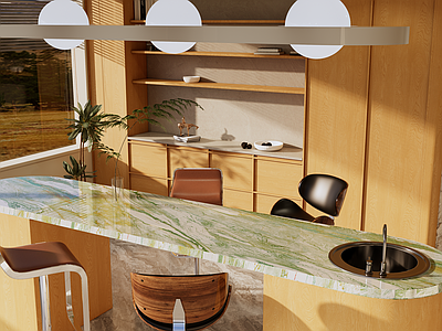 中古风开放式厨房 中古风开放式岛台 绿纹大理石 水吧 西厨操作台 轻奢吧椅