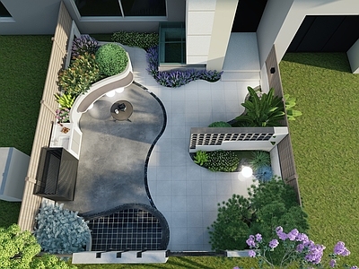 现代简约别墅庭院 庭院 花园 别墅 简约 弧形