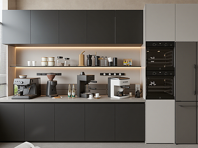 现代简约开放式厨房 微波炉 橱柜 咖啡机组合