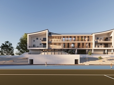 新中式学校建筑 教学楼 看台 跑道 主席台