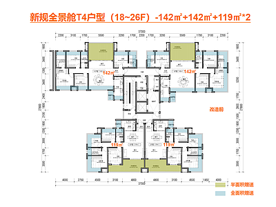 高层住宅 T4高层户型 新规零公摊户型 一梯四户户型 边厅全景舱户型 142㎡ 施工图