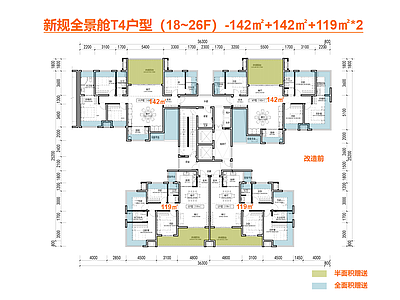 高层住宅 一梯四户户型 T4新规户型 边厅全景舱户型 零公摊户型 142㎡ 施工图