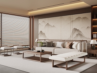 新中式开放式客厅 沙发背景墙 新中式客厅