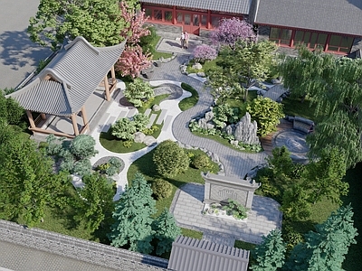 新中式景观别墅庭院 新中式庭院景观 中式小院 新中式禅意景观 中式亭子 假山